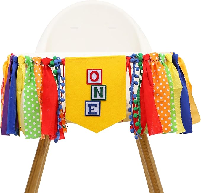 Letter Blocks One High Chair Banner - First Birthday Decorations, Nursery Rhyme Highchair Garland With Ribbon Fabric,1st Birthday Photo Props,Cake Smash Party Colorful Banner