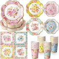 350 Pcs Tea Party Supplies Spring Summer Tableware Set Disposable Plates Napkins Paper Cups Plastic Cutlery Set For Birthday Bridal Baby Shower Serves 50 (Floral,Multicolor)