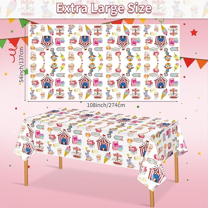 Hxezoc 54 x 108 Inch Circus Party Tablecloths Disposable Plastic Carnival Table Cover for Carnival Birthday Party Decorations Outdoor Indoor Supplies