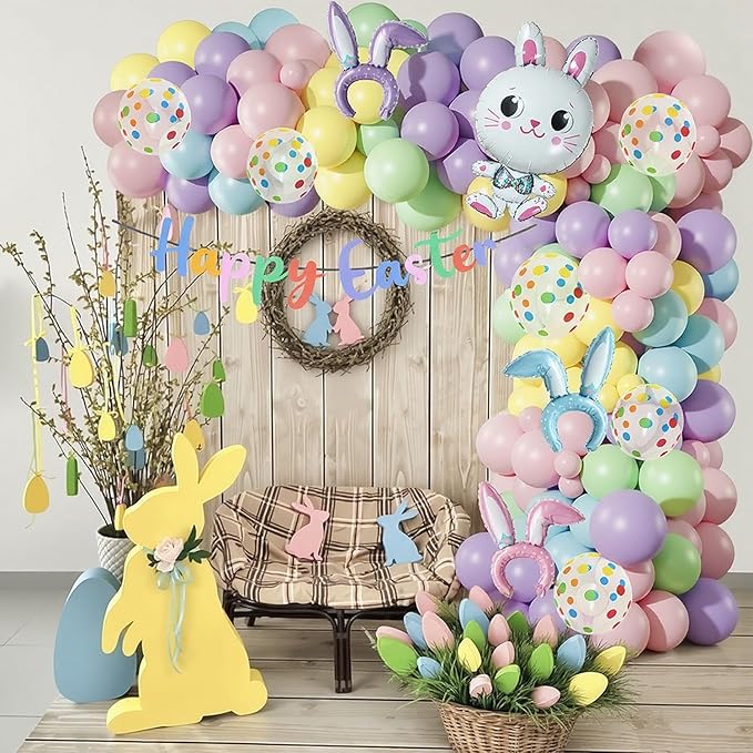 Easter Balloon Arch Garland Kit, 12" 10" 5" Pastel Balloons with Bunny Rabbit Foil Balloon for Easter Party Decorations Spring Indoor Outdoor Party Supplies