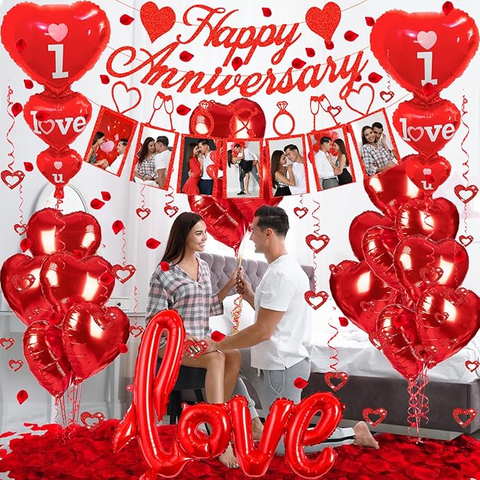 Happy Anniversary Decorations Set - Happy Anniversary Banner and Balloons, Photo Banner, I Love You and Red Heart Balloons with Rose Petals for Weddings, Valentine's Day and Anniversaries