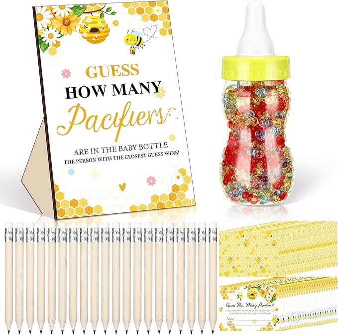 Syhood 472 Pcs Bee Baby Shower Games Guess How Many Pacifiers Game Sign 50 Small Guessing Games 20 HB Pencils 750 ml Milk Bottle 400 Acrylic Pacifiers Decorations Guests Gender Reveal Party Favor