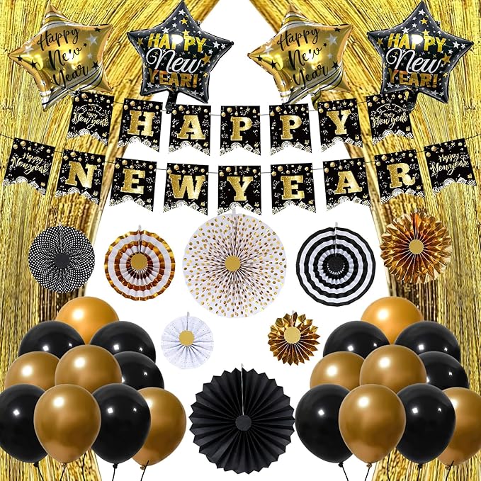 Happy New Year Decorations 2026 Set, Glitter Happy New Year Banner, Gold Fringe Curtain Backdrop Paper Fans New Year Balloons for New Years Eve Party Supplies 2026
