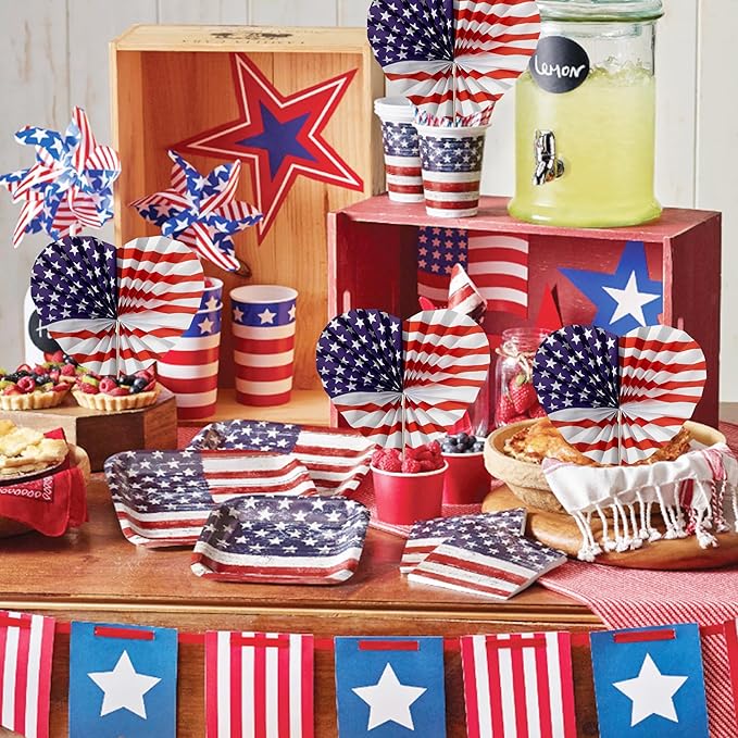 Sfcddtlg 30 Pcs 4th of July Patriotic Themed Paper Fans, American Flag Star and Stripe Folding Fans, Independence Day Red White Blue Handheld Fans for Summer Memorial Day Party Decor Supplies