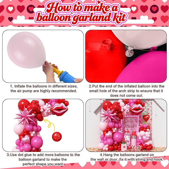 Valentines Day Balloon Arch Kit Hot Pink Red Balloon Garland with Lip Heart Star Foil Balloons Rose Red Baby Light Pink Galentines Party Decorations for Proposal Engagement Wedding Mothers, 97Pcs