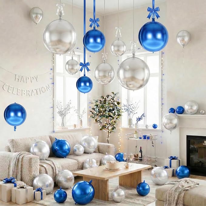 Togvu Blue Silver Round Foil Balloons, 16PCS Different Sizes 4D Metallic Balloon Large Sphere Mirror Ball Balloons for Prom Graduation New Year Birthday Party Wedding Ceiling Decorations Supplies