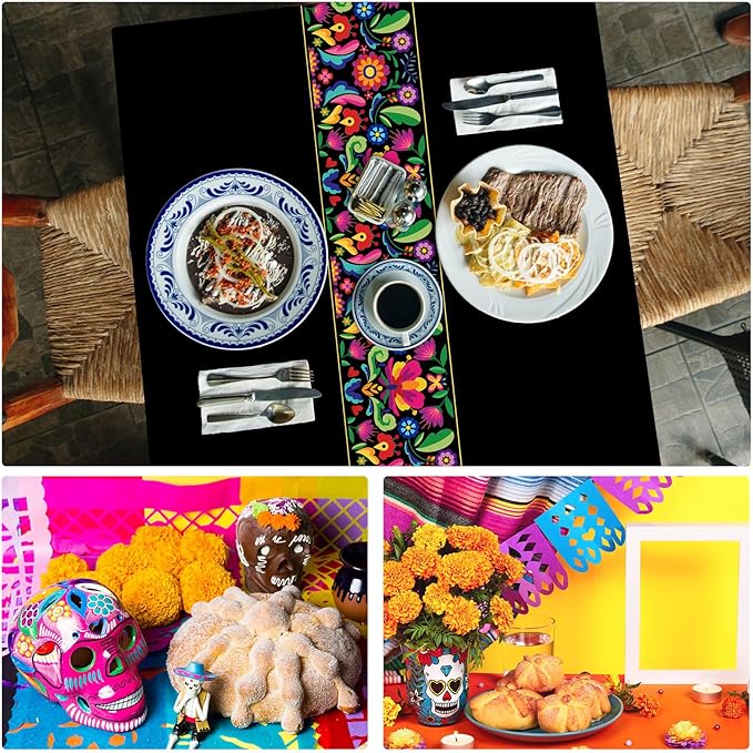 Oudain 3 Pcs Fiesta Tablecloth 108 x 54 Inch Plastic Tablecover Mexican Waterproof Tablecloth Disposable Table Cover for Taco Night Festive Mexican Fiesta Wedding Party Decoration (Black)