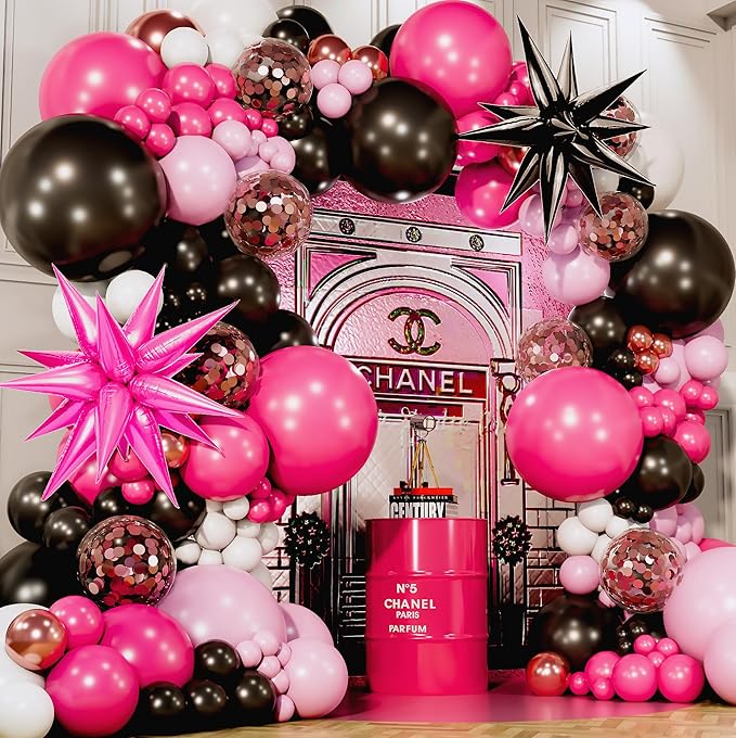 ALL-IN-1 Pink and Black Balloons Arch Kit with BONUS Starburst Balloons – Pink Black and White Balloons for Hot Pink and Black Party Decorations for Birthday, Boss Baby, Mean Girls, Barbie, Minnie