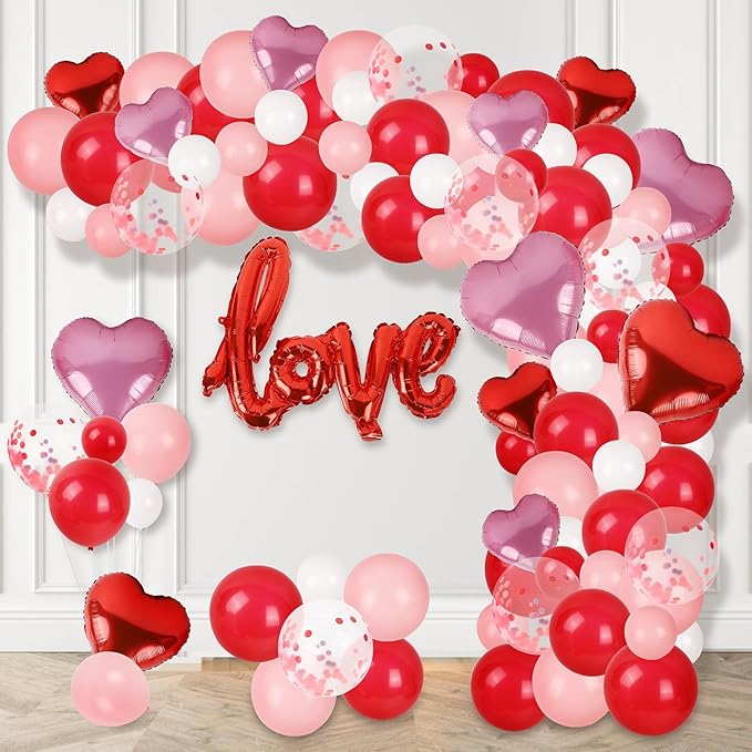 DR.DUDU 263 Pcs Valentines Day Balloon Arch Kit Decorations, Pink/White/Red Balloons Garland Decor with LOVE Heart Balloon Rose Petals for Mother's Day Party Birthday Wedding Proposal Anniversary