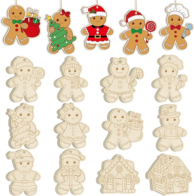 36PCS Wooden Christmas Ornaments to Paint, 12 Styles DIY Blank Unfinished Wood Gingerbread Man Cutouts Ornament for Crafts Winter Hanging Decorations