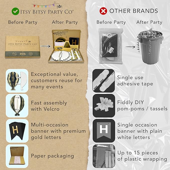 Premium Reusable Birthday Decorations - Multi-occasion Happy Birthday Banner also spells Party Day + more, Fast Assembly with Velcro - Black and Gold Party Decorations for Men and Women