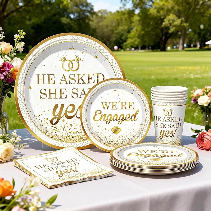 287Pcs Engagement Party Decorations, All-in-one Happy Engagement Decorations with 25 Serves Disposable Plates, 2 Pcs Waterproof Engaged Tablecloth Wedding Proposal Decorations Party Decor