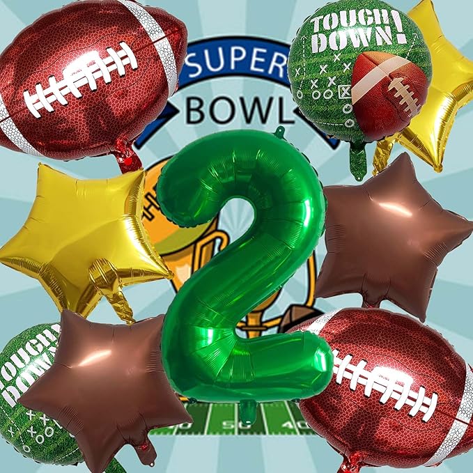Football Balloons Foil Football Birthday Decorations Balloons Green Number 2 Balloon Gold Brown Star Touchdown Ballons for Rugby Birthday Decorations Sports Ballons Arch Kits Party Balloon Sets 9pcs
