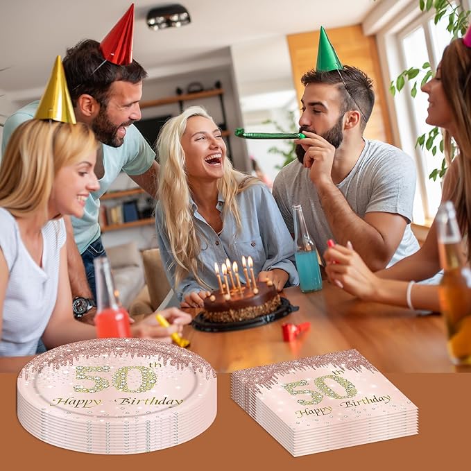 50th Rose Gold Birthday Plates and Napkins, 9 Inch Pink Rose Gold Disposable Dinner Dessert Plates Happy 50th Birthday Party Supplies Decorations for Girls Women