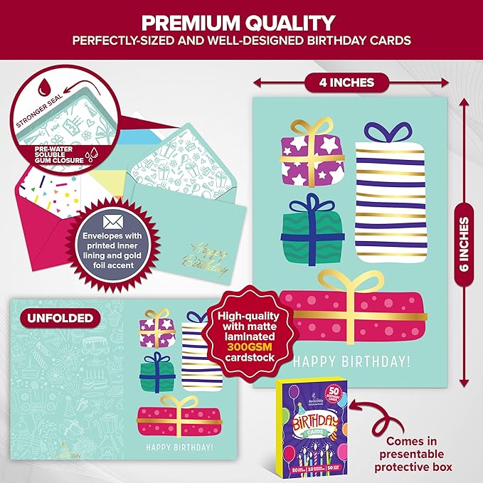 Decorably 50 Pack Foiled & Glittery 6x4in Assorted Adult & Kids Happy Birthday Cards Bulk with Envelopes & Stickers, 50 Unique Designs for Family, Friends & Loved Ones, Printed Message - Gifting
