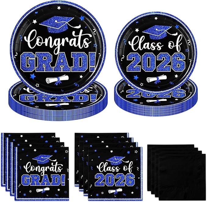 Black and Blue Graduation Decorations 2026,200pcs Blue Graduation Plates and Napkins Congrats Grad Class Of 2026 Plates and Napkins for Graduation Party Supplies ,Serve 50