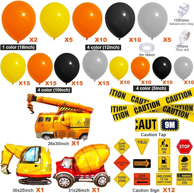 151Pcs Construction Party Decorations Birthday Supplies Construction Balloon Arch Caution Tape Caution Sticker Truck Foil Balloon Boy Kid Build Theme Birthday Party Decoration