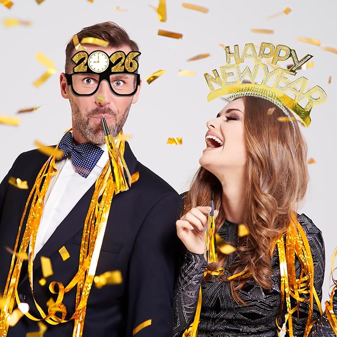 36PCS Happy New Year Decorations 2026 New Years Eve Party Supplies 2026,With 12 Happy New Year Headband Tiara,12 Noise Maker,12 New Years Glasses 2026