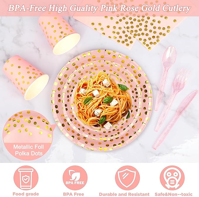 175 Pcs Pink and Gold Party Supplies, Serves 25 Pink Gold Foil Dot Disposable Dinner Tableware Set Gold Plastic Forks Spoons Knives Plates Napkins Cups Party Supplies for Birthday Wedding Graduation