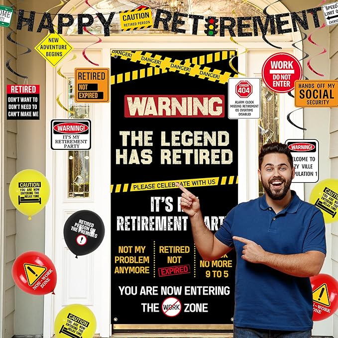 Roetyce Retirement Decorations Men Women, Caution Logos Happy Retirement Banner Balloons Hanging Swirls Kit, Funny Legend Retired Party Supplies Backdrop for Coworker Family, Retired Door Wall Signs