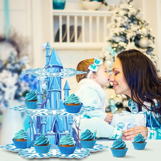 BenLouis 3 Tier Frozen Cupcake Stand - Frozen Birthday Party Supplies Winter Wonderland Baby Shower Cake Table Decoration Snowflake Cupcake Holder for Girl Kids Winter Blue Princess Party Favor