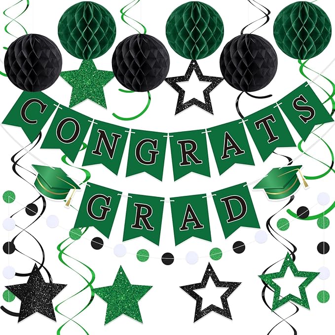 Green and Black Congrats Grad Banner 2026 Graduation Decorations with Hanging Swirl Honeycomb Ball Circle Garland Grad Party Favor Supplies for College Senior High School Classroom Decor