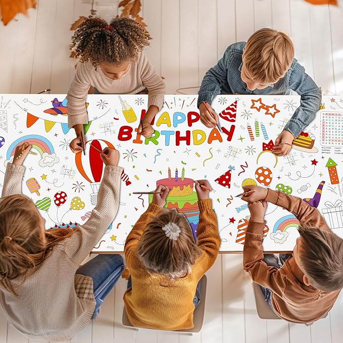 Childom 1 Pack Birthday Coloring Tablecloth Disposable Birthday Tablecloths 30x72 Inch Coloring Table Cloth Paper Tablecloth Rectangle Table Cover
