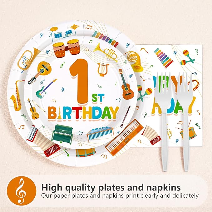 96Pcs Music First Birthday Decorations Plates Musical Instrument Theme Plates and Napkins Music Notes Tableware Set for Musical Birthday Party Music Theme Baby Shower Supplies, Serves 24