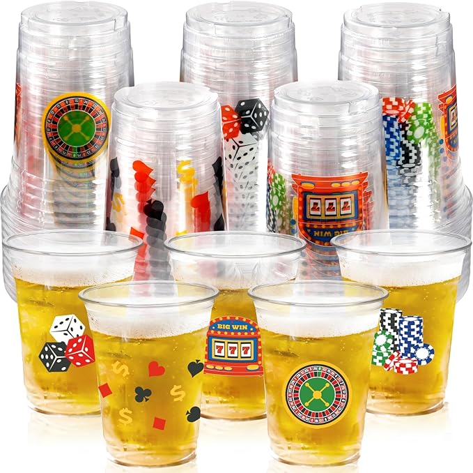 50 Pcs Casino Party Cups, 16 Oz Casino Plastic Cup Poker Clear Disposable Drinking Cups for Poker Game Night Themed Party Decoration Birthday Wedding Party Supplies