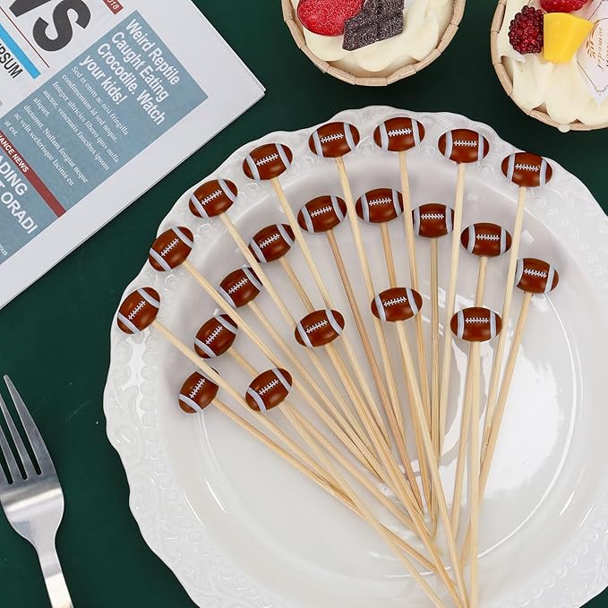 100 Pcs Football Toothpicks, 4.72 Inch Football Cocktail Picks for Appetizers, Long Bamboo Toothpicks, Decorative Toothpicks Skewers for Holiday Birthday Party Decorations (Football 3D)