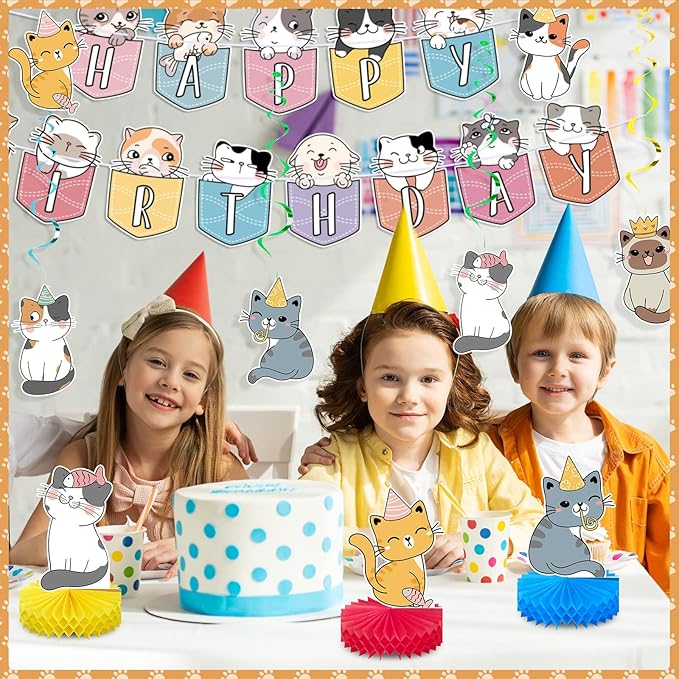 Chinco 16 Pcs Cat Theme Birthday Party Decorations Party Supplies Kit, Includes Cat Party Banner with 6 Hanging Cutouts 6 Hanging Swirl Decor and 3 Birthday Honeycomb Party Decoration(Cartoon Style)