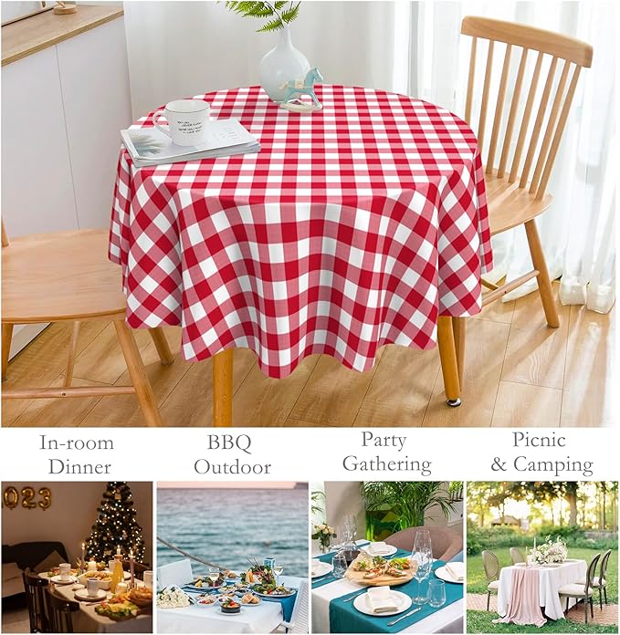 Mulbozy 2 Pcs Red Gingham Round Tablecloth, 84 inches Disposable Plastic Red and White Checkered Circle Table Covers for Baby Shower Wedding Bridal Shower Birthday Party Decorations