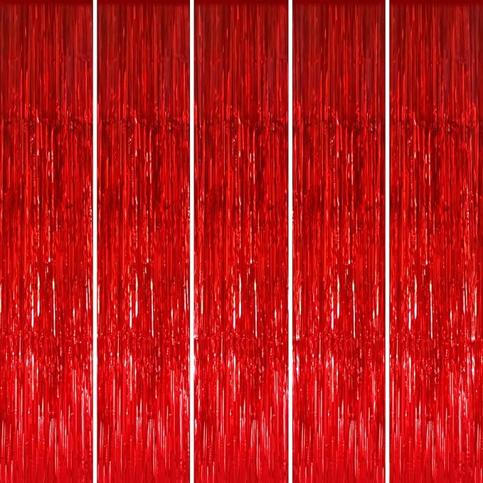 GOER 3.2 ft x 9.8 ft Metallic Tinsel Foil Fringe Curtains Party Photo Backdrop Party Streamers for Birthday,Graduation,New Year Eve Decorations Wedding Decor (5 Packs,Red)