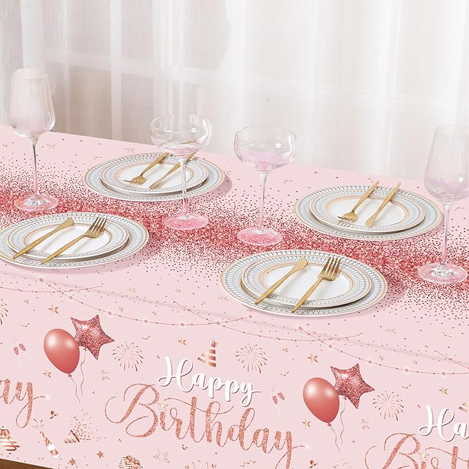 Tudomro 3 Pcs Happy Birthday Tablecloths Happy Birthday Party Decorations Plastic Table Cover Rectangular Cloths for Women Men Baby Shower Party Supplies, 108 x 54 Inch (Pink Rose Gold)