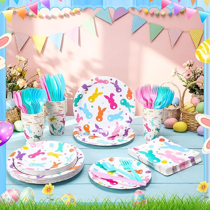 Honeydak 210 Pcs Easter Plates and Napkins Serve 30 Pastel Colorful Bunny 7" and 9" Rabbit Plates Napkins and Forks Tableware for Spring Holiday Easter Party Table Decor Supplies
