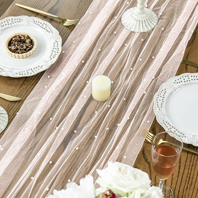 Artoid Mode 3PCS Pearl Pink Gauze Table Runner 120 Inch 10FT, Seasonal Sheer Dining Holiday Wedding Birthday Baby Shower Table Decor for Home Party