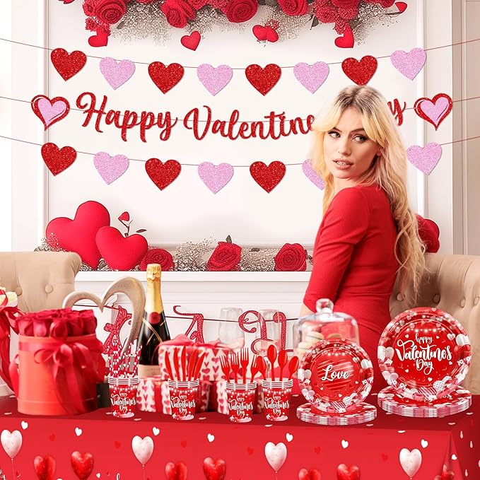 Valentine's Party Decorations 196 Pcs Valentines Plates and Napkins,Cups,Tablecloth Serve 24 Red Heart Valentine Banner Happy Valentine's Day Dinnerware Set Valentines Party Supplies