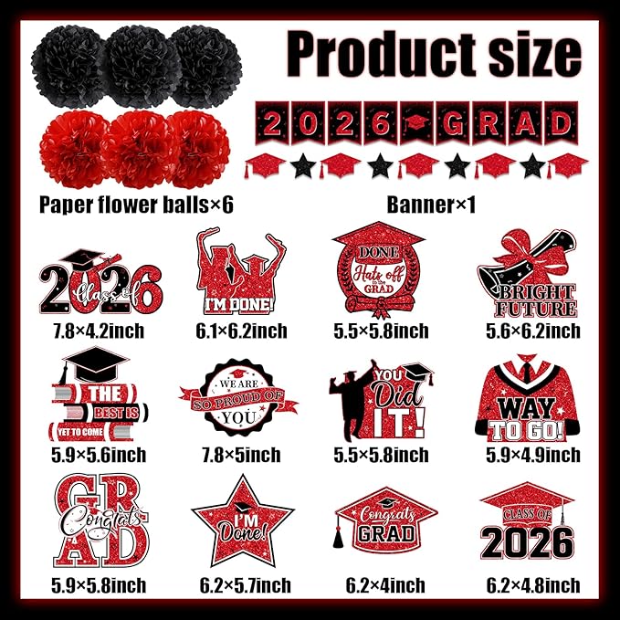 Red and Black Graduation Decorations 2026, 2026 Grad Banner and Congrats Grad Hanging Swirls, Red Graduation Banner Graduations Hanging Swirls College Graduations Party Decorations Class of 2026