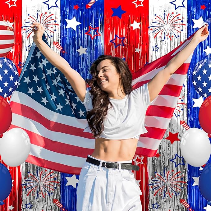 4th of July Decorations 3 Pack Foil Fringe Garland Tinsel Curtains, Red White Blue Hanging Fringe Backdrop Banner, Photo Booth Prop for Patriotic Party Decor (Streamers 3)