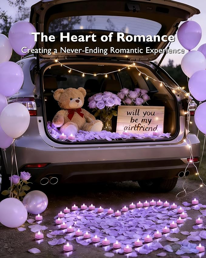 Amagic 2000 Pieces Light Purple Artificial Rose Petals with 24 Light Purple LED Tea Lights, Rose Petals and Candles Set for Proposal, Anniversary, Romantic Night, Wedding Decor