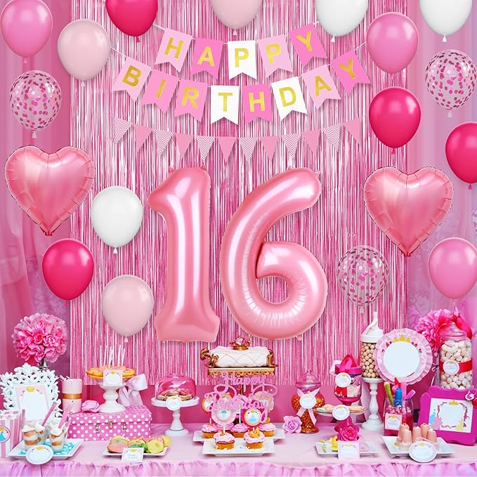 16th Birthday Decorations for Girls,Hot Pink 16th Birthday Balloons with Happy Birthday Banner Fringe Curtain Heart Foil Balloons for 16 Year Old Birthday Decor