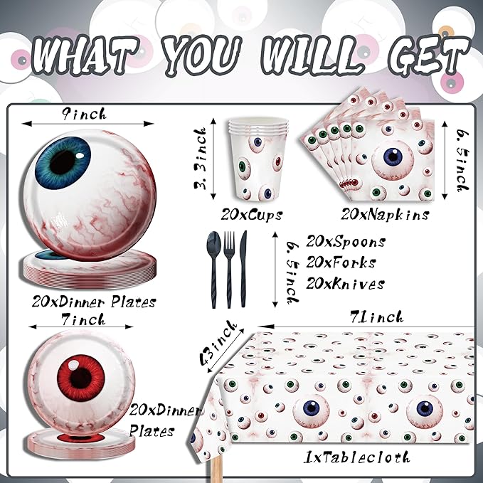 Halloween Party Supplies Decoration Set, 141 Pieces Includes Plates, Napkins, Cups, Tablecloth and Tableware for Halloween Horror Theme Party Decorations, Serves 20 ( Eye Ball )