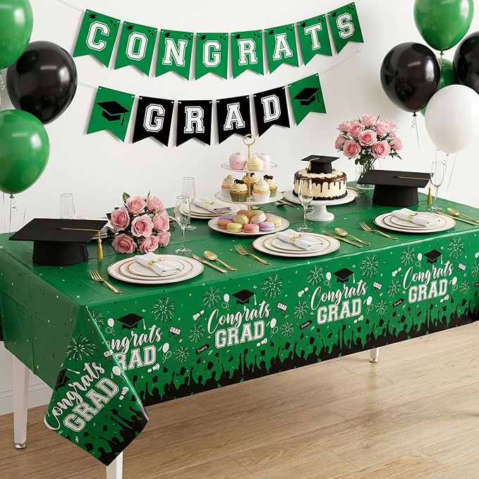 3 Pack Plastic Graduation Tablecloth, Graduation Decorations 2026 Disposable Rectangle Green Black Table Cover, 2026 Gongrats Grad Table Cloths for Graduation Party Decorations, 54x108Inch