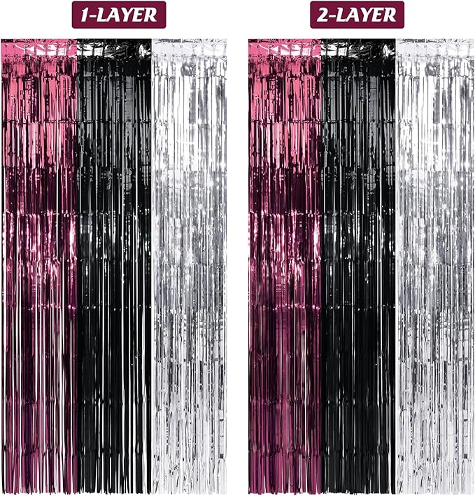 6 Pack 3.3Ft x 6.6Ft Graduation Foil Fringe Curtain Backdrop Decorations, Maroon Black Silver Metallic Tinsel Foil Streamers Curtain Photo Booth Background for Graduation Prom Wedding Birthday Party