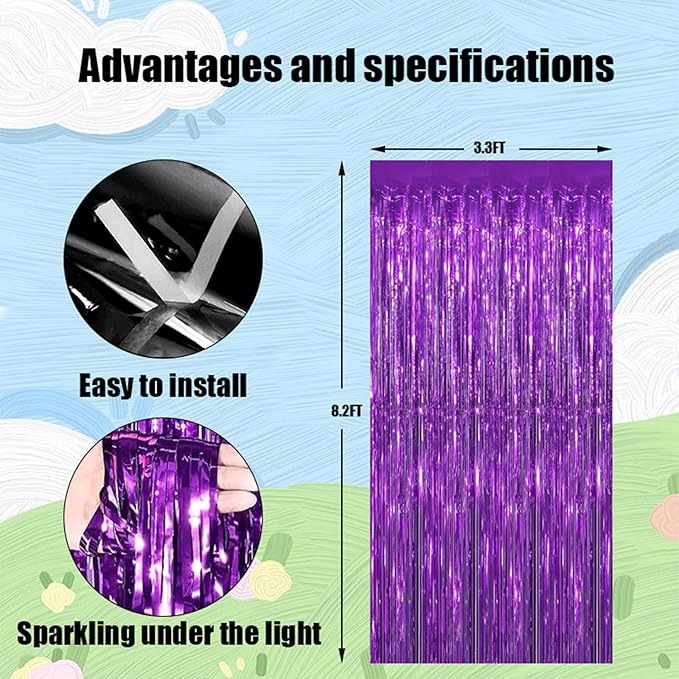 Valentines Day 4 Pack 3.3 * 8.3 ft Foil Curtain Metallic Tinsel Fringe Curtains Photo Booth Props Backdrop for Birthday Wedding Engagement Baby Shower Christmas Holiday Celebration Partyl,Purple