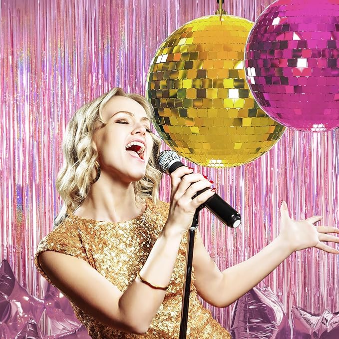 MYUPDALIN 2 Pack Pink Party Backdrop Decorations Tinsel Curtain Pink Princess Bachelorette Theme Party Decorations