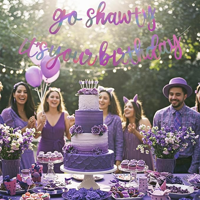 BEISHIDA Go Shawty It's Your Birthday Banner NO DIY Hip Hop Theme Happy Birthday Banner Pre-Strung Rap Theme Happy Birthday Sign for Man Women birthday Party Supply Double-Sided Rainbow Purple