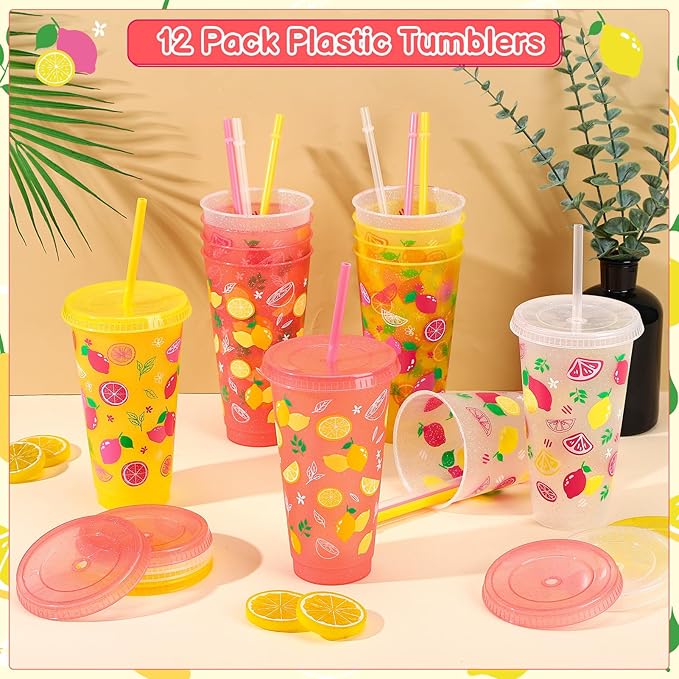 12 Pcs Lemon Cups with Lids and Straws, 24 OZ Reusable Drinking Cups Bulk for Summer Fruit Party Birthday Baby Shower Supplies