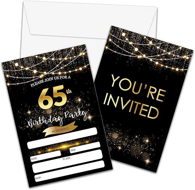 65th Birthday Invitations with Envelopes - Black Gold Glitter Fill-in Invites Cards - Surprise Birthday Party Invitation Card for Him/Her - Adults Birthday Party Favors Supplies Decorations (20 Pack)
