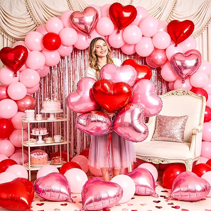 12 Pcs Red and Pink Heart Foil Balloons for Valentines Day Decorations, 18 Inch Romantic Love Valentine Heart Balloons for Galentines Day Decorations Wedding Marriage Birthday Bridal Shower Party